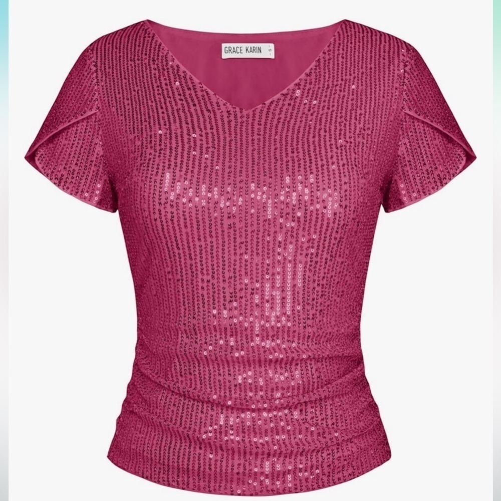 NWT GRACE KARIN Sparkly Sequin Top Glitter Short Tulip Sleeve Slimming  V Neck